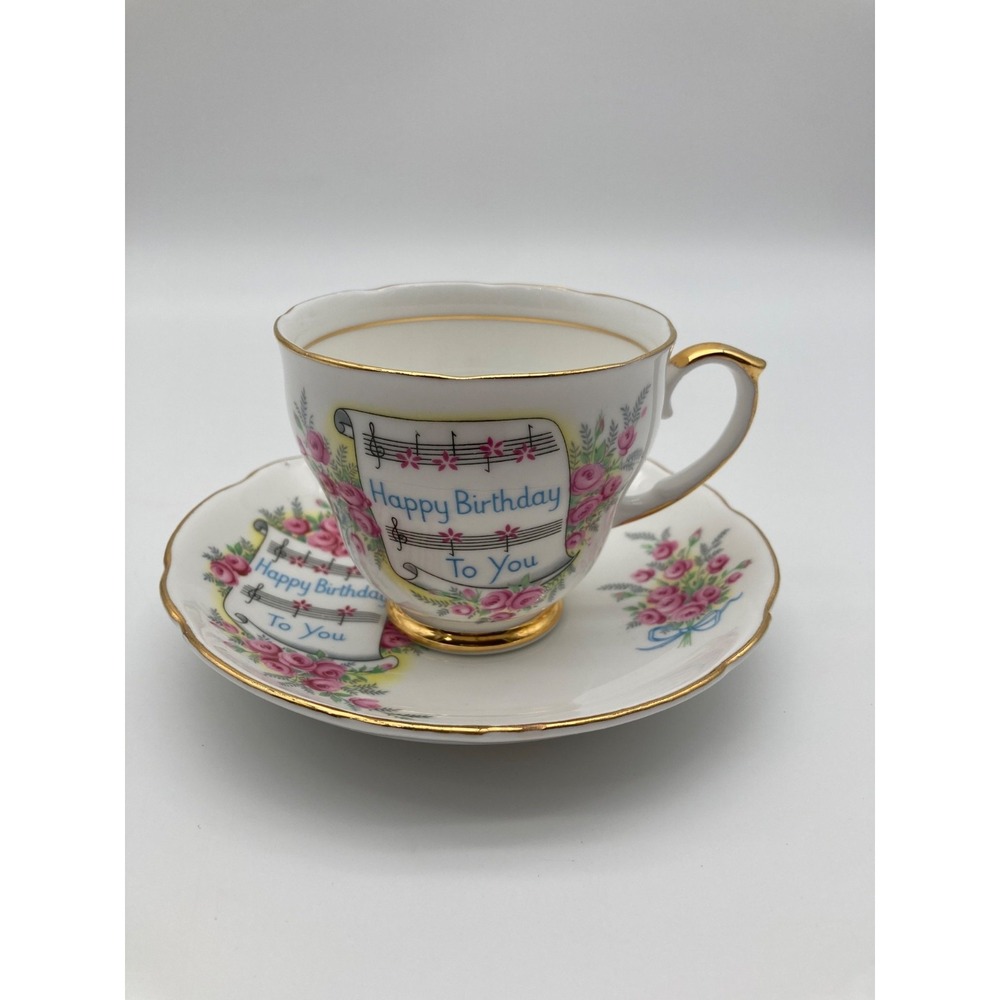 Duchess Bone China Teacup Saucer Set Happy Birthday Pink Roses England